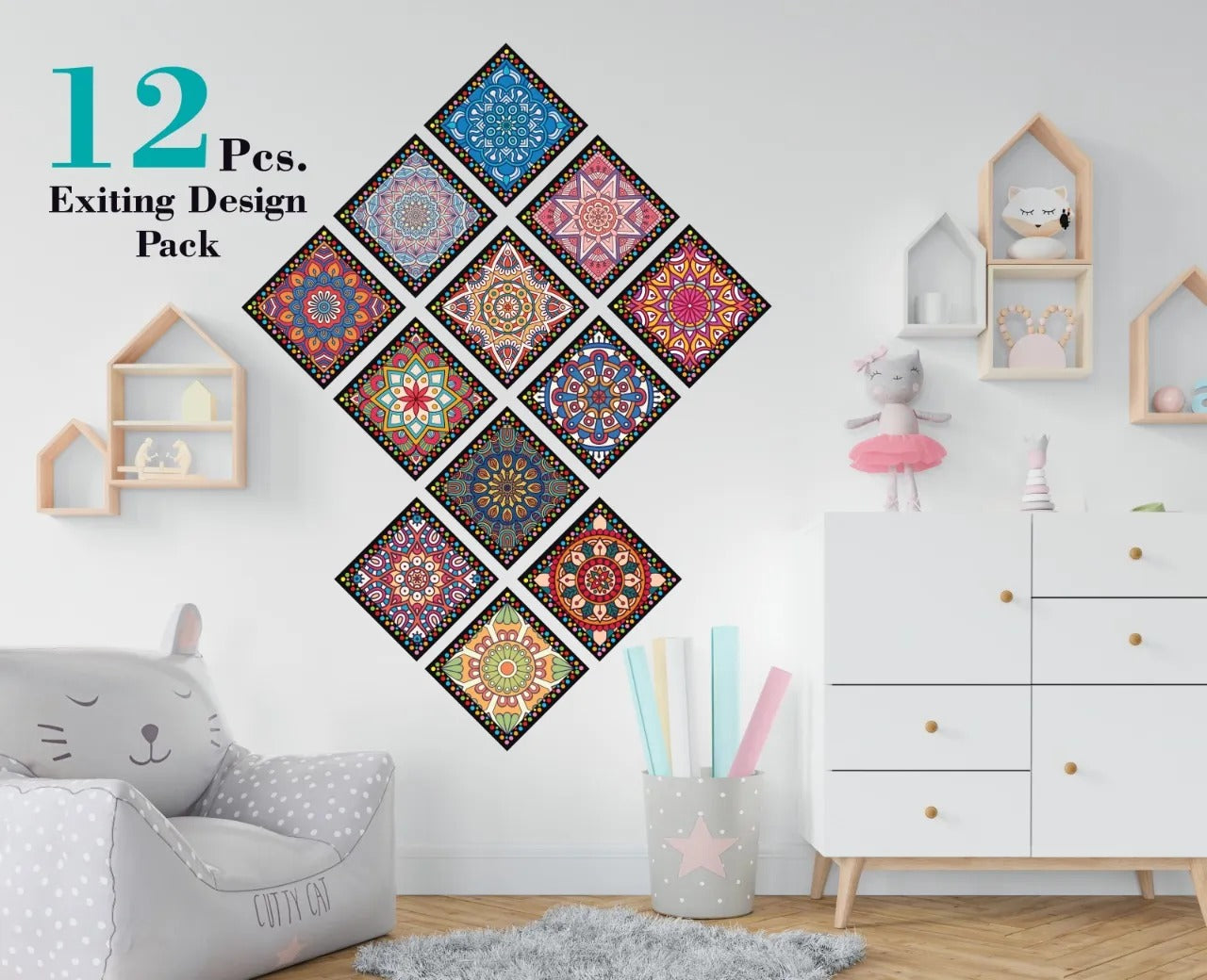 Pack of 12 Self-Adhesive Tile Stickers for Effortless Room and Wall Decor (4.8 inch x 4.8 inch)