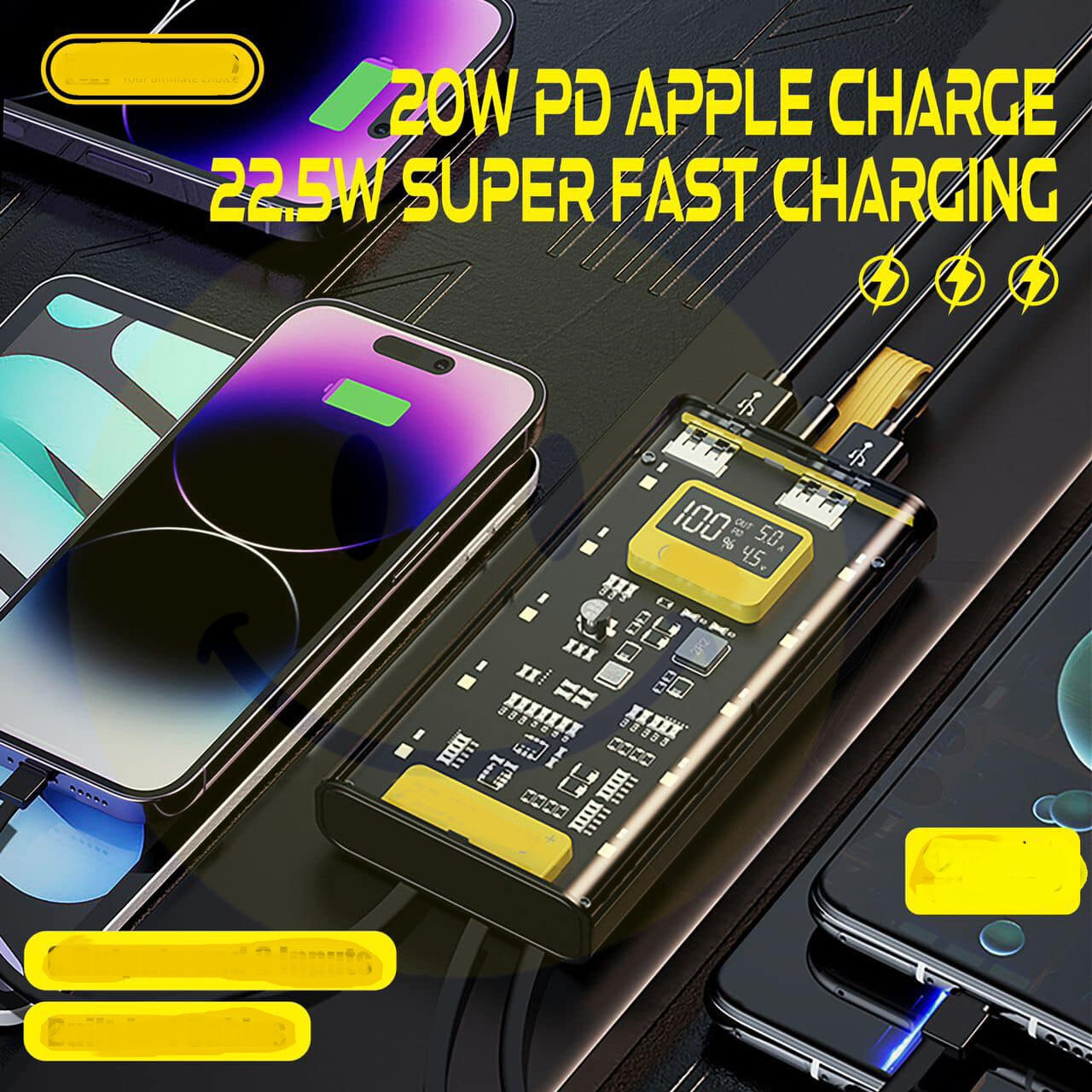 10000mAh Transparent Power Bank Portable 22W Fast Charging For iPhone Xiaomi