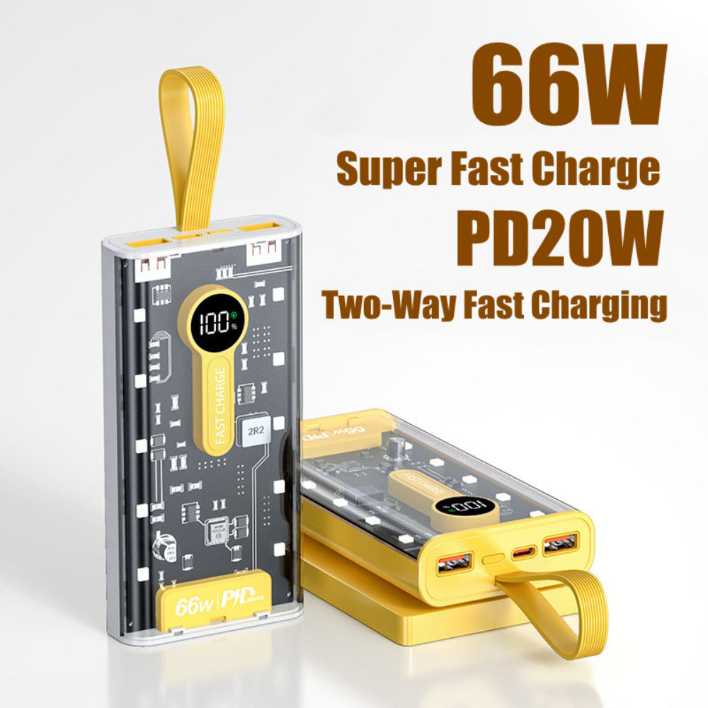 20000mAh Transparent Power Bank Portable 66W Fast Charging For iPhone Xiaomi