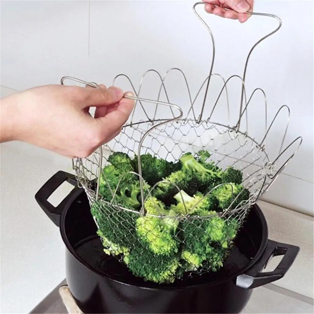 Stainless Steel Folding Frying Basket Cook Basket New Telescopic Frying Basket Multifunctional Kitchen Basket