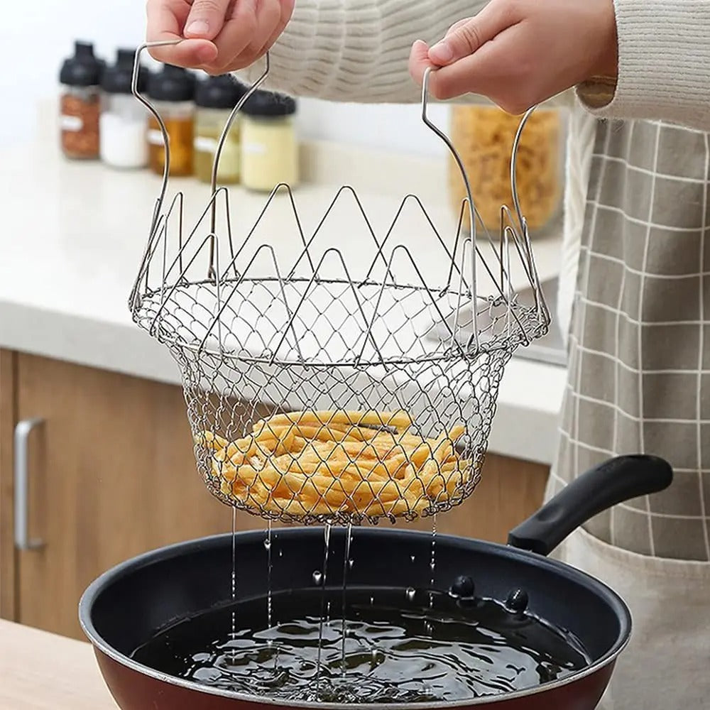 Stainless Steel Folding Frying Basket Cook Basket New Telescopic Frying Basket Multifunctional Kitchen Basket